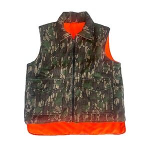 Vtg 90s Winchester Hunting Vest Mens Medium Trebark Camo Orange Reversible Zip *